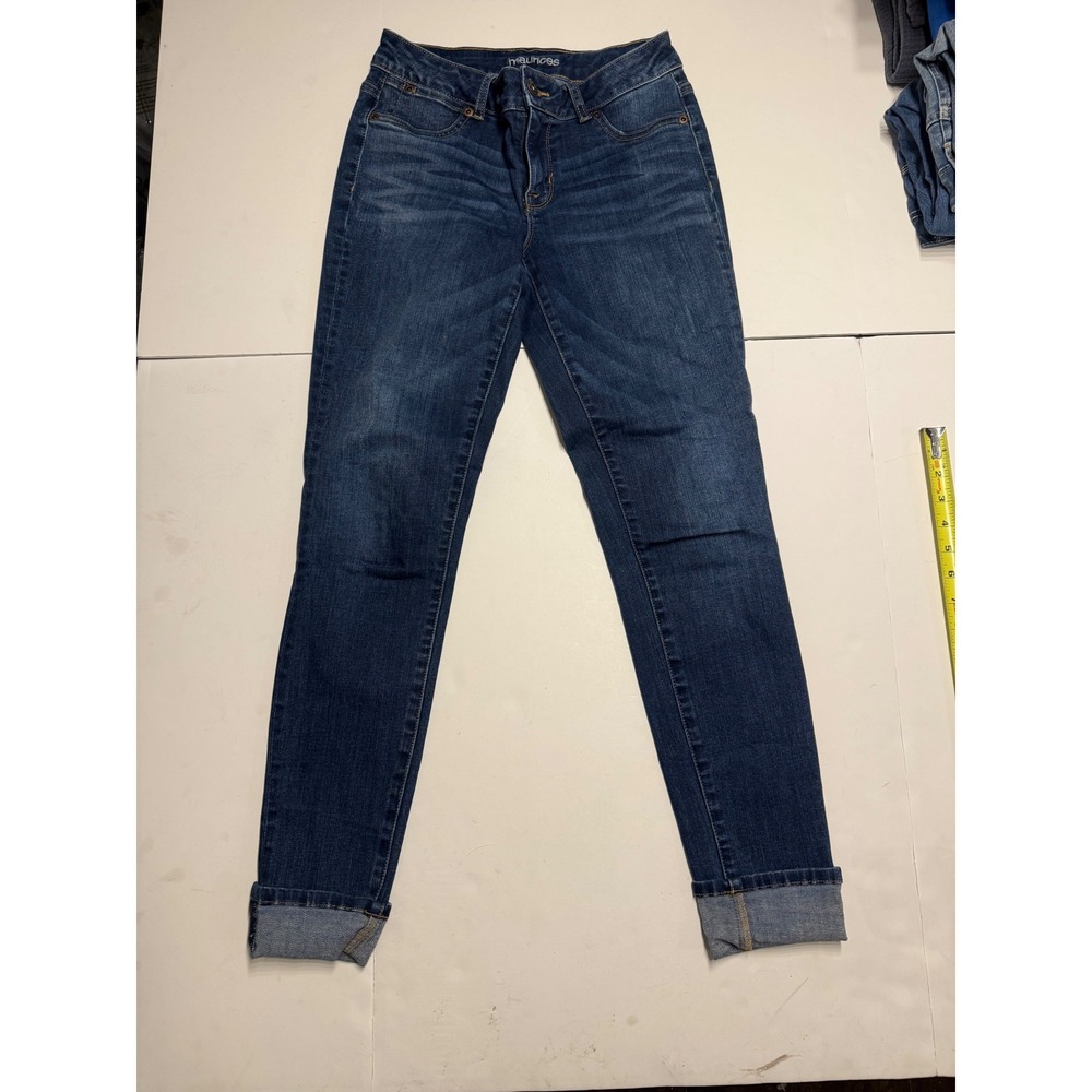 Maurices Womens Dark Wash Skinny Cuffed Jeans Size S-REG Whiskered Stretch Denim